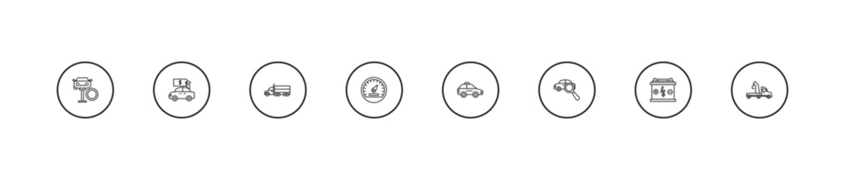 outline mechanicons icons set - transportation truck, car speedometer, taxi facing left. editable vector for web and mobile ui