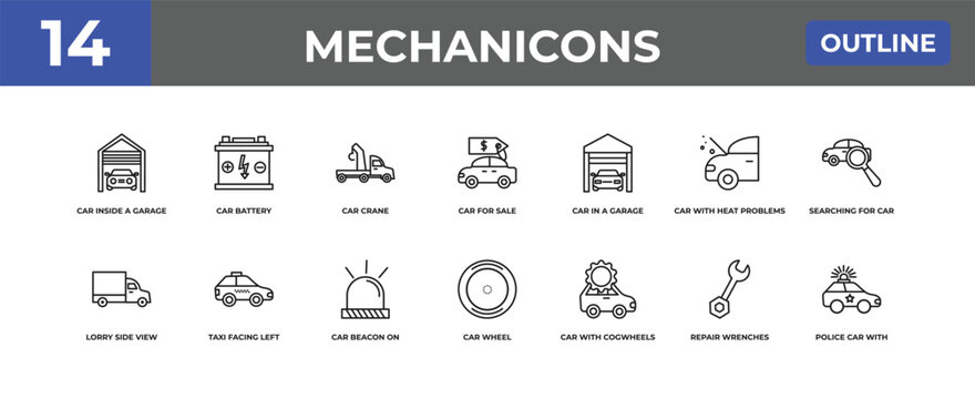 outline mechanicons icons set - car inside a garage, car battery, repair wrenches. editable vector for web and mobile ui