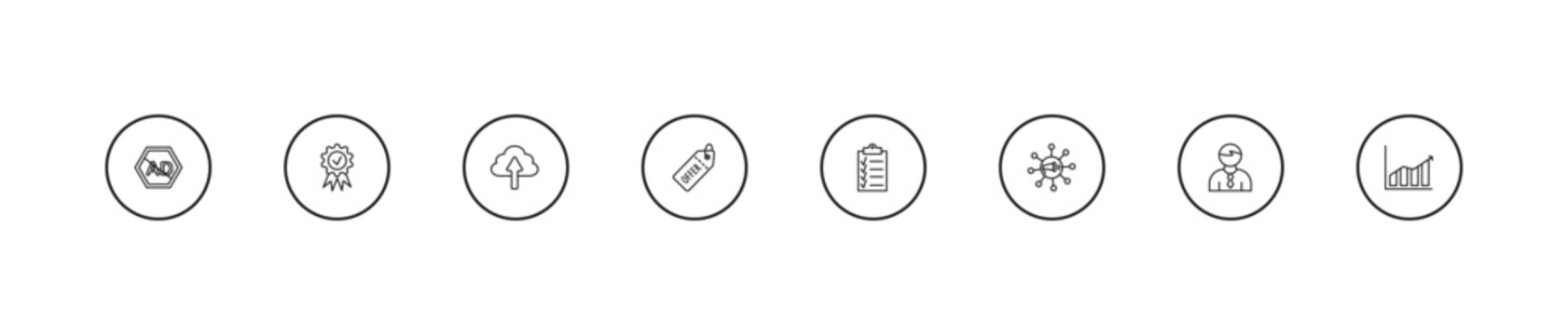 outline marketing icons set - upload to cloud, offer, checklist. editable vector for web and mobile ui
