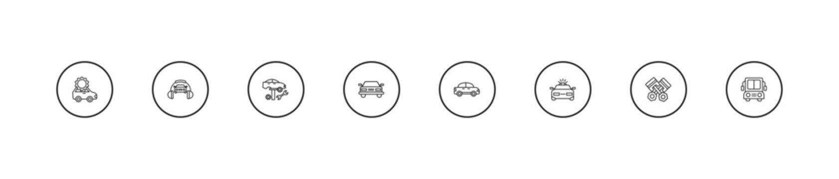 outline mechanicons icons set - car tire change, rectangular car front, small car. editable vector for web and mobile ui