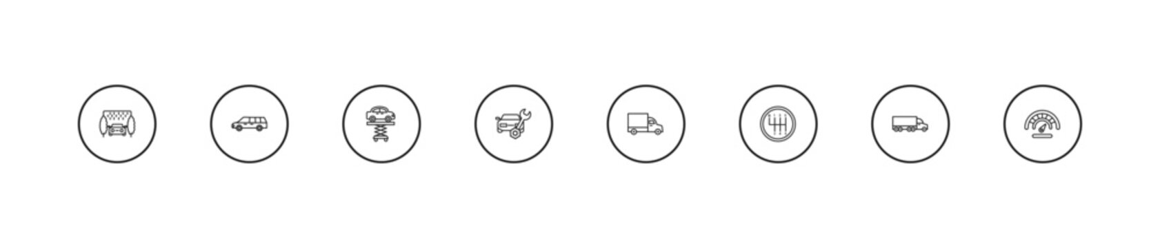 outline mechanicons icons set - car lifter, car repairing, lorry side view. editable vector for web and mobile ui