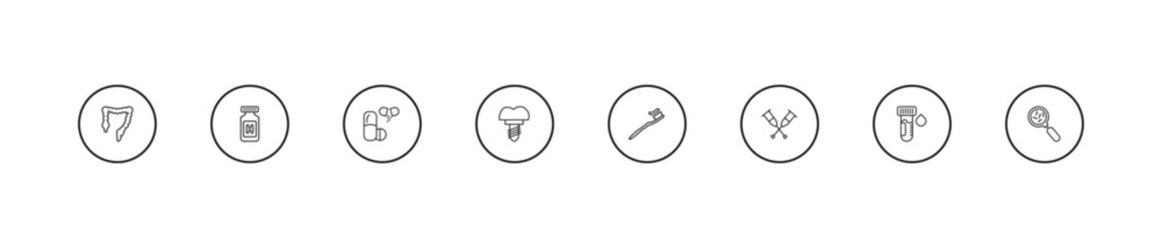 outline medical icons set - drugs, implants, brush with tooth paste. editable vector for web and mobile ui