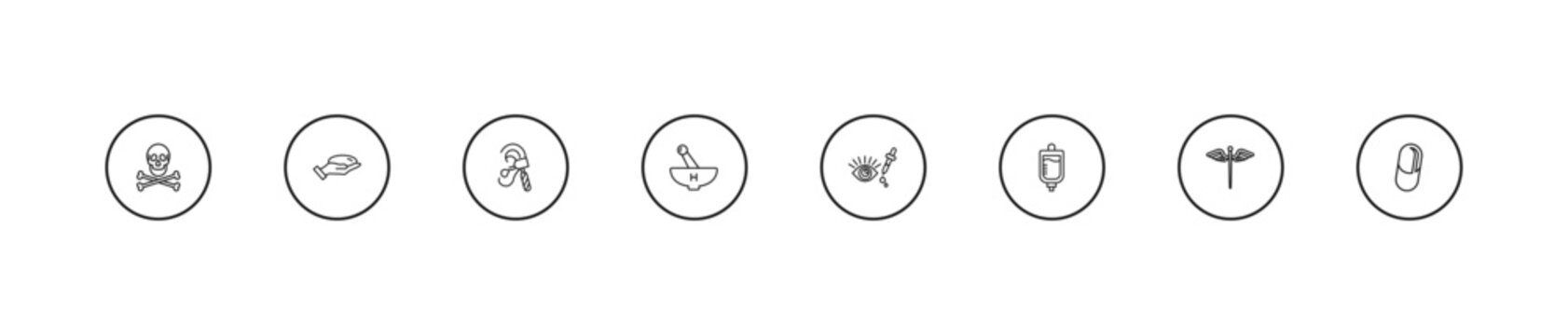 outline medical icons set - otoscope, medicines bowl, eye drops. editable vector for web and mobile ui
