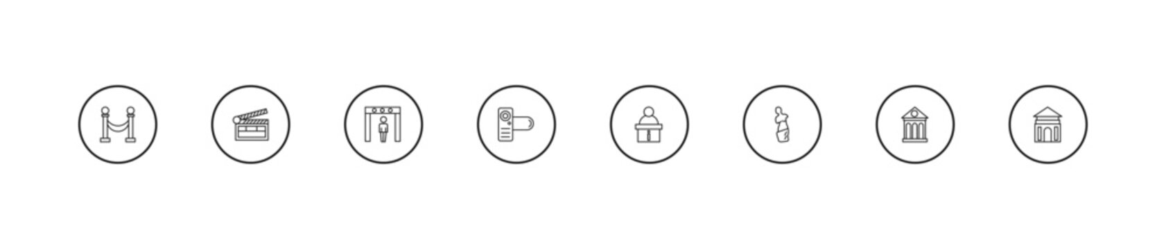 outline museum icons set - metal detector, photographic, information desk. editable vector for web and mobile ui