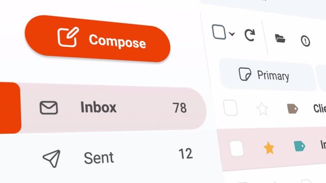 Close Up Shot of Email Inbox Interface. Incoming new mail counting animation.