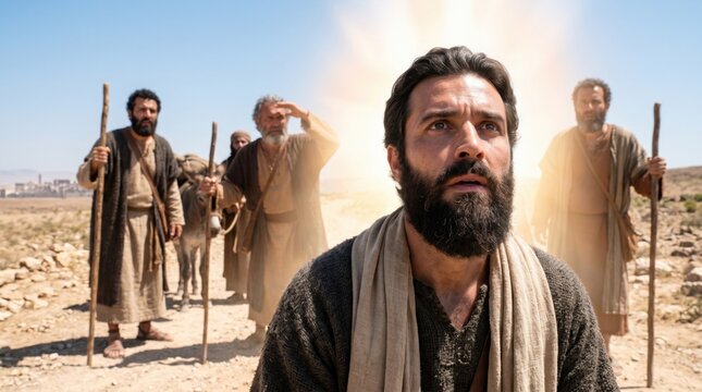 Saul experiencing blinding light of Jesus on road to Damascus. Biblical scene from Acts of the Apostles showing conversion of Saul. Religious historical reenactment in desert landscape.