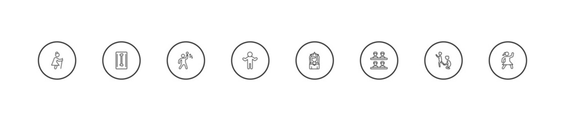 Fototapeta premium outline people icons set - man making soap bubbles, crucified pose, bride avatar. editable vector for web and mobile ui