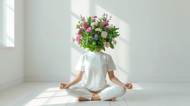 concept of wellness and mindfulness showing a person meditating with a head full of fresh colorful flowers in a white minimalist room