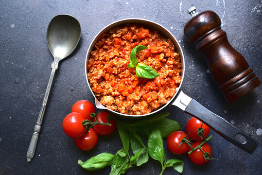 Traditional italian tomato sauce bolognese. Top view with copy space.