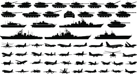 Comprehensive Military Equipment Silhouette Set Featuring Main Battle Tanks, Naval Warships, Fighter Jets, and Transport Aircraft for Defense Industry and History Graphic DesignsComprehensive Military © Sonjoy