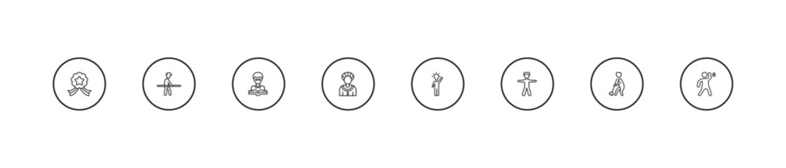 Fototapeta premium outline people icons set - teacher reading, amazonian, man with an idea. editable vector for web and mobile ui