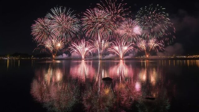 Juneteenth celebration fireworks display over a serene lake at night