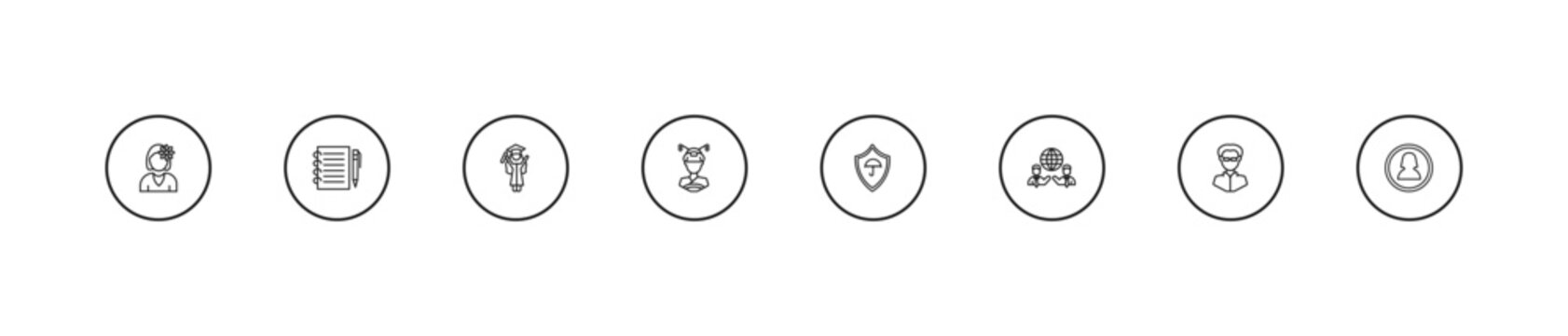 outline people icons set - graduating woman, japan geisha, insurance protection. editable vector for web and mobile ui