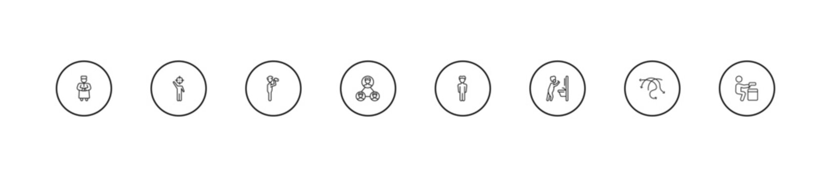 outline people icons set - monocular, networking connection, vertical. editable vector for web and mobile ui
