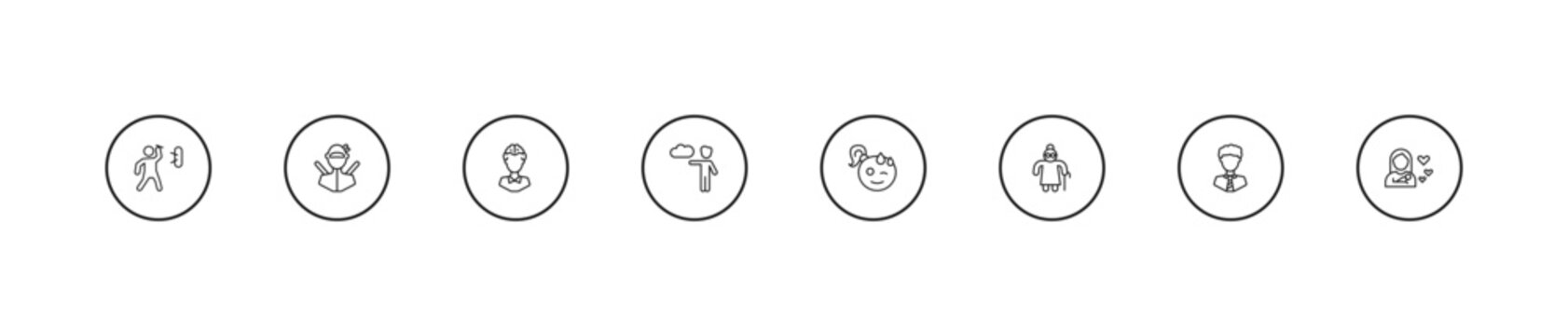 outline people icons set - mind game, weathercaster, relieved smile. editable vector for web and mobile ui