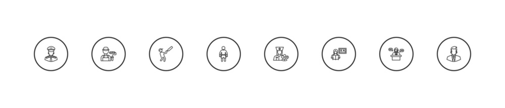 outline professions icons set - cricket player, boxer, pharist. editable vector for web and mobile ui