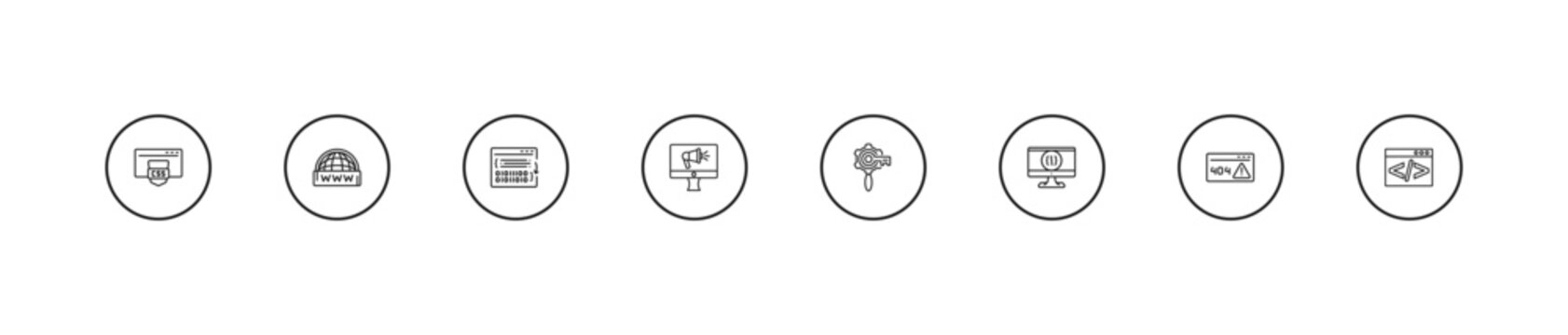 outline seo icons set - compiler, advertising, seo keywords. editable vector for web and mobile ui