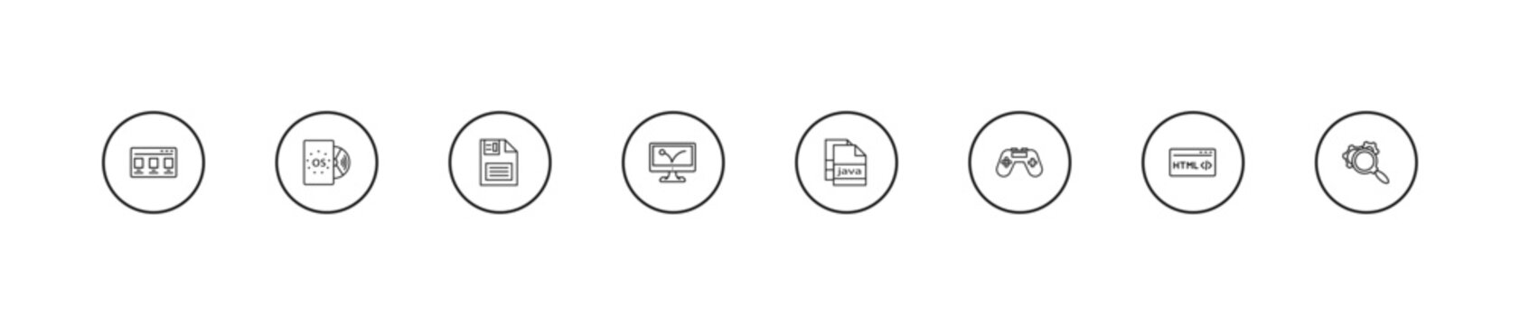 outline programming icons set - floppy disk, advertising bounce, . editable vector for web and mobile ui