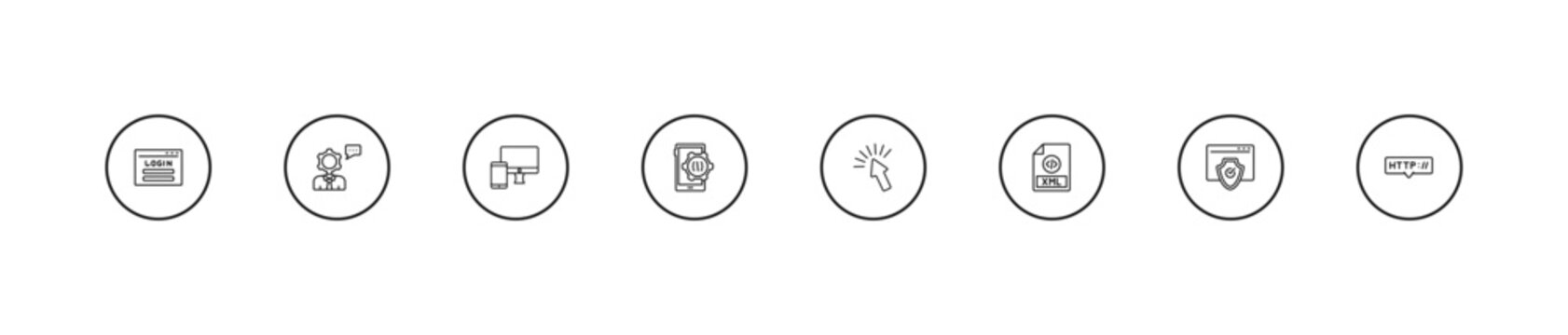 outline programming icons set - responsive, mobile development, click. editable vector for web and mobile ui