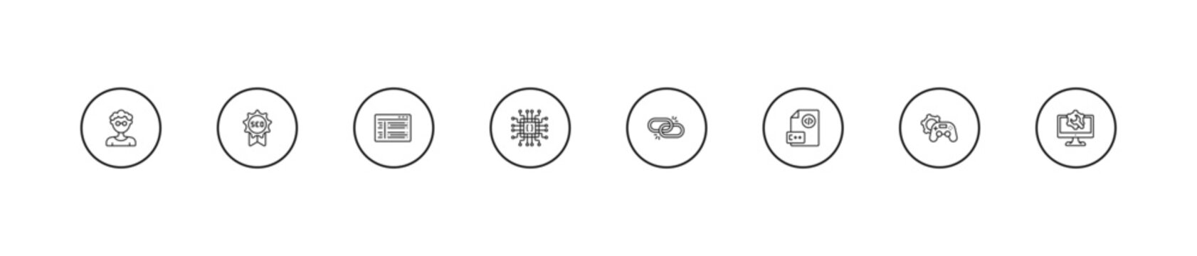 outline programming icons set - program interface, hardware, broken link. editable vector for web and mobile ui