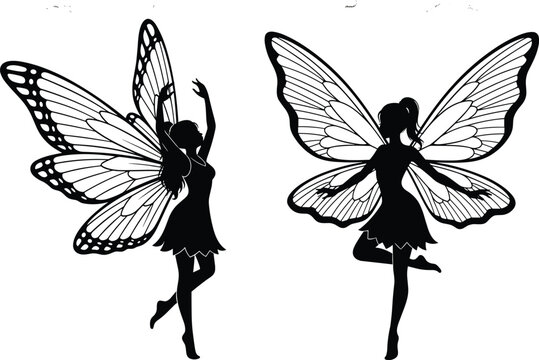 Graceful Fairy Silhouette Set Featuring Butterfly Wings and Elegant Dance Poses for Fantasy Branding, Magical Concept Art, and Whimsical Graphic DesignsGraceful Fairy Silhouette Set Featuring Butterfl