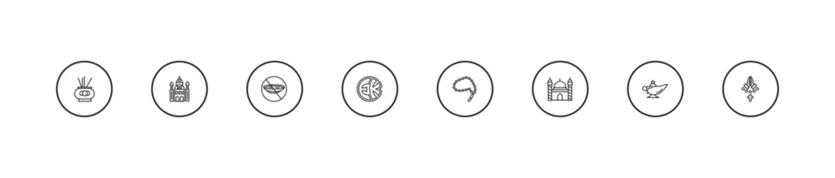 outline religion icons set - ramadan fasting, eckankar, prayer beads. editable vector for web and mobile ui