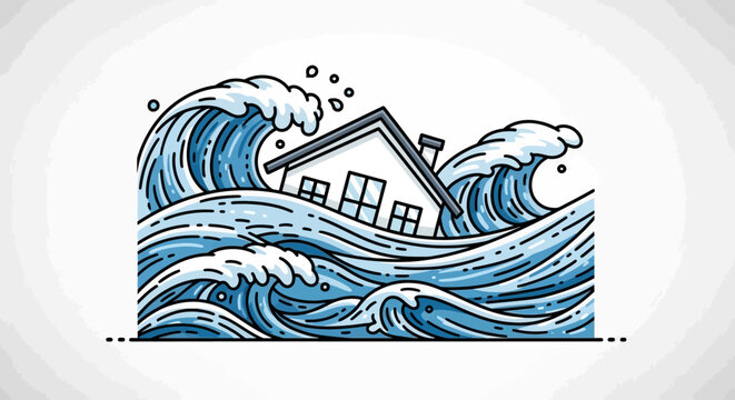 House in the ocean waves sinking.