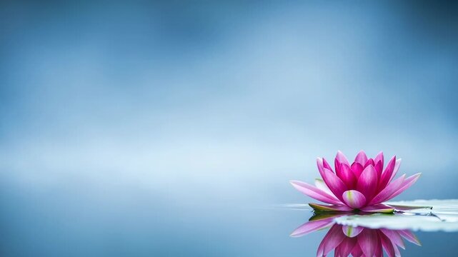 Beautiful pink water lily flower floating on calm blue water surface with reflection