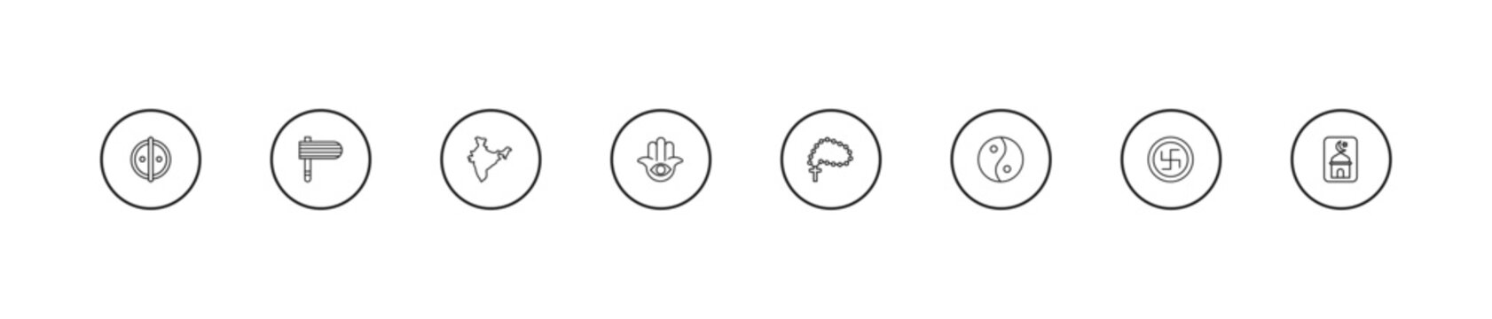 outline religion icons set - india, semitic neopaganism, raya rosary. editable vector for web and mobile ui