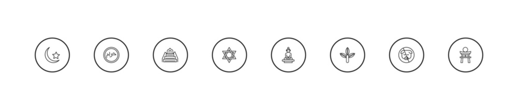 outline religion icons set - minbar, hebrew, great buddha. editable vector for web and mobile ui