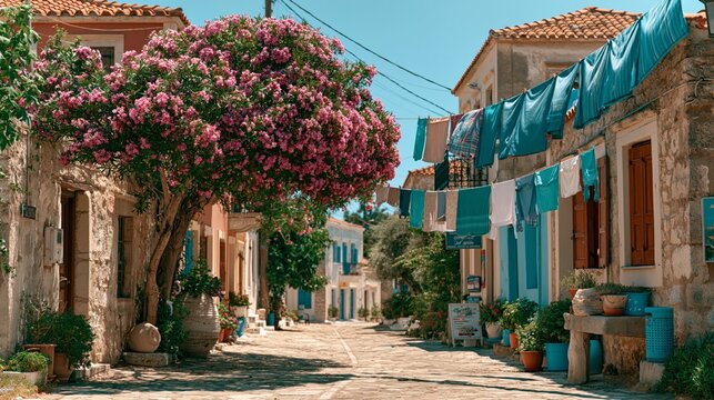 Charming Mediterranean street scene with blooming bougainvillea tree, colorful laundry hanging, and traditional stone houses under a clear blue sky in a coastal village