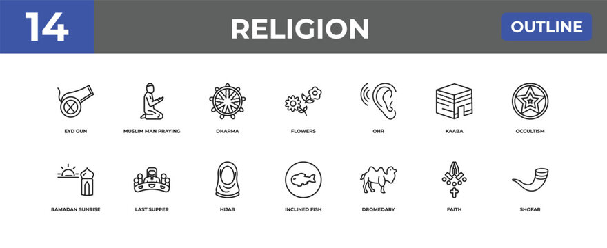 outline religion icons set - eyd gun, muslim man praying, faith. editable vector for web and mobile ui