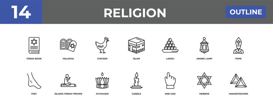 outline religion icons set - torah book, halakha, hebrew. editable vector for web and mobile ui
