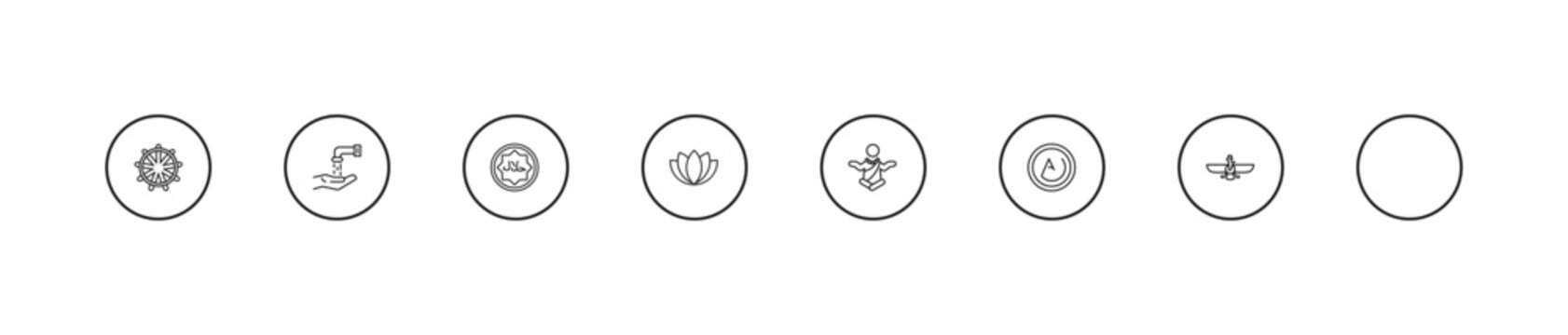 outline religion icons set - halal, lotus, monk. editable vector for web and mobile ui