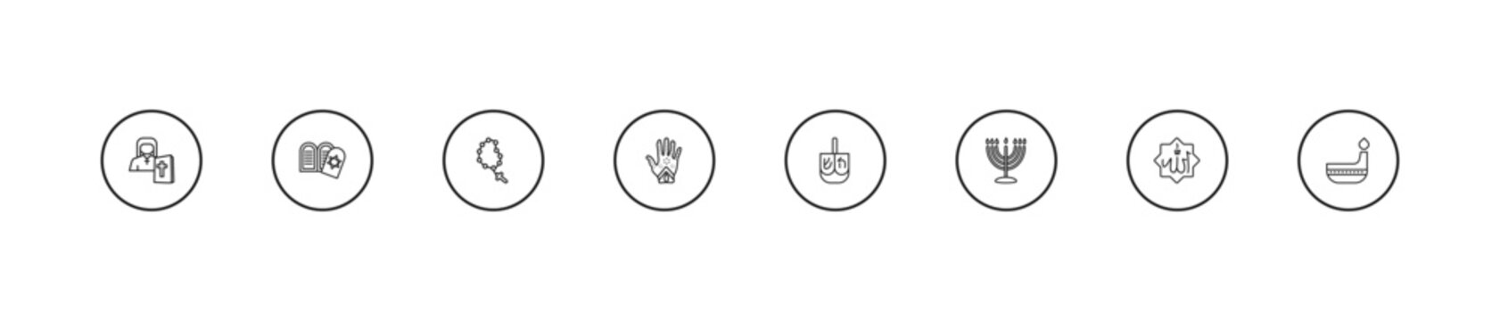 outline religion icons set - bead, henna painted hand, dreidel. editable vector for web and mobile ui