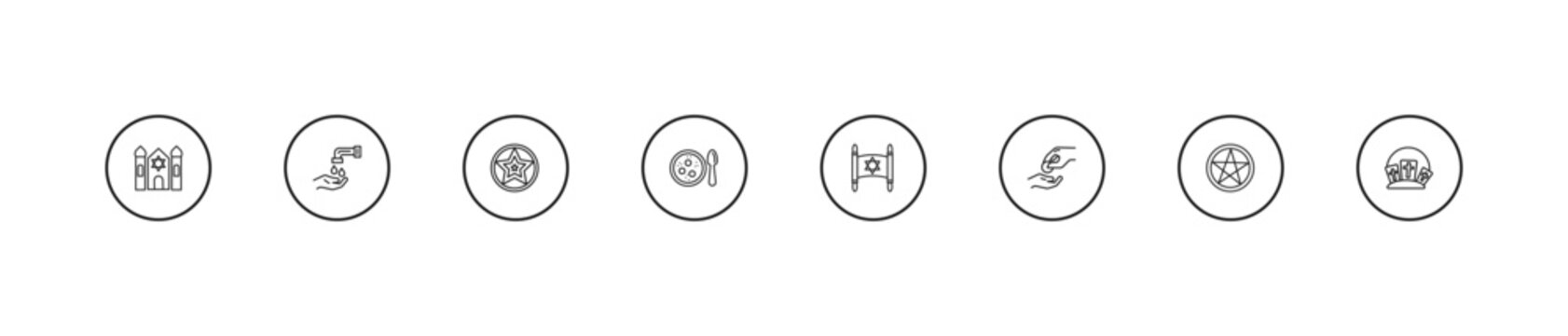 outline religion icons set - occultism, matzo ball soup, torah. editable vector for web and mobile ui