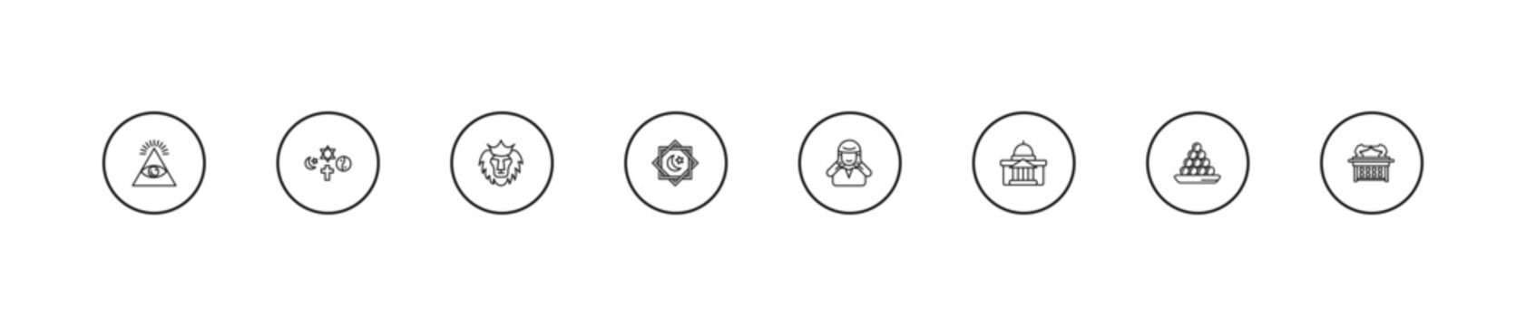 outline religion icons set - lion of judah, rub el hizb, adhan call. editable vector for web and mobile ui