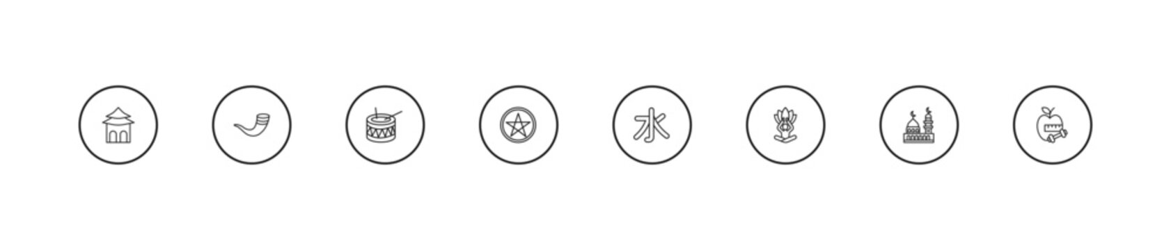 outline religion icons set - eyd drum, pagan, confucianism. editable vector for web and mobile ui