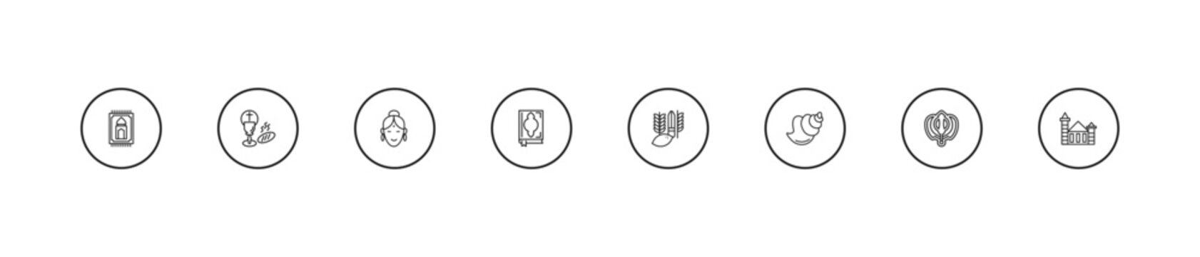 outline religion icons set - hindu, mushaf, four species. editable vector for web and mobile ui