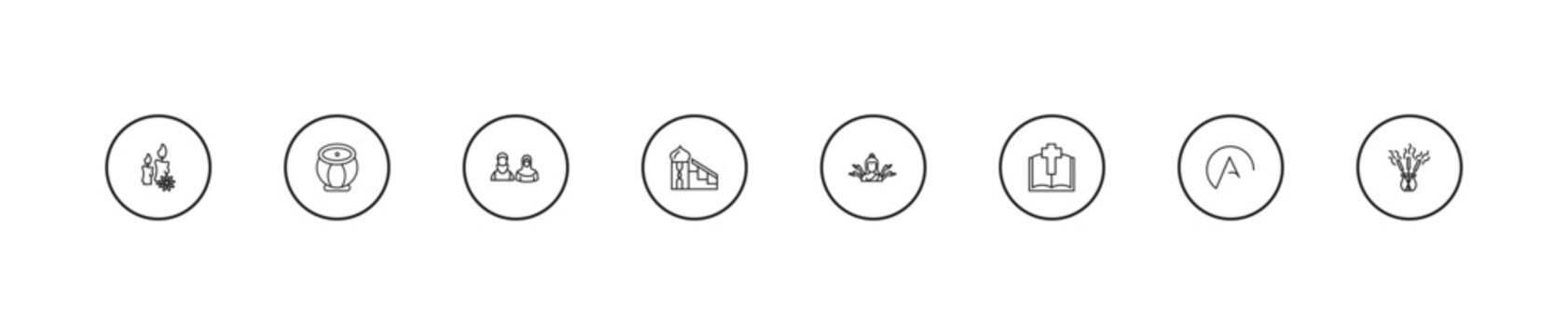 outline religion icons set - muslim, islamic minbar, shiva. editable vector for web and mobile ui