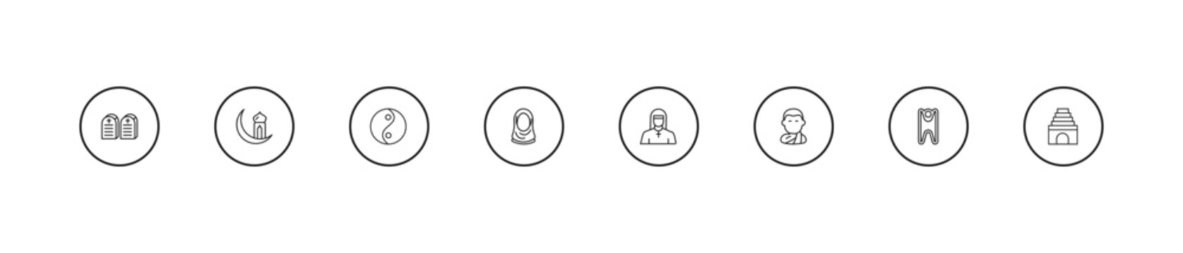 outline religion icons set - yin yang, hijab, anglican. editable vector for web and mobile ui