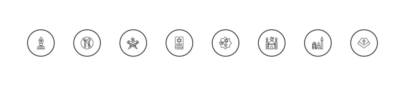 outline religion icons set - koran, torah book, monotheism. editable vector for web and mobile ui