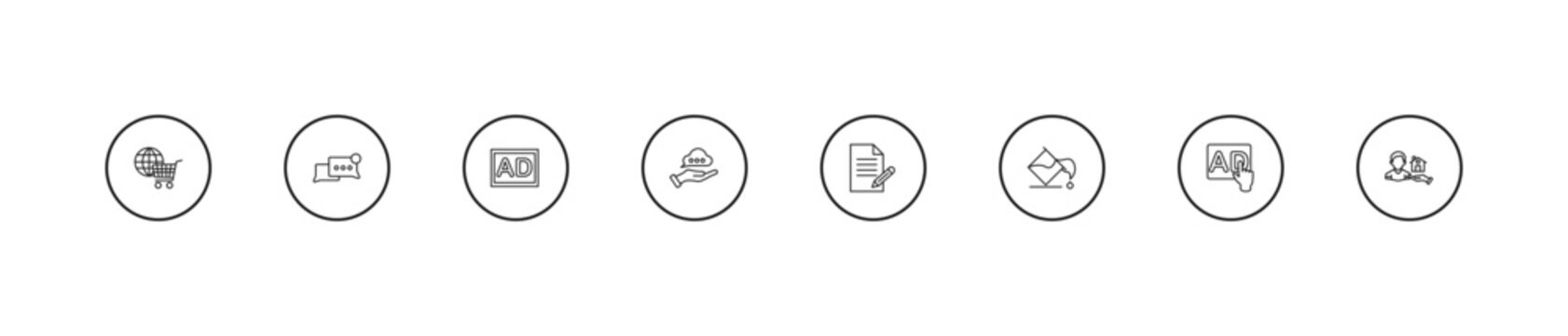 outline social media marketing icons set - ad, advise, suggestion. editable vector for web and mobile ui