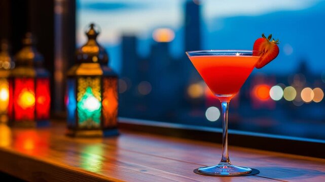 Refreshing orange cocktail in a martini glass with strawberry garnish on a wooden bar counter at night, blurred city skyline and colorful lanterns in background