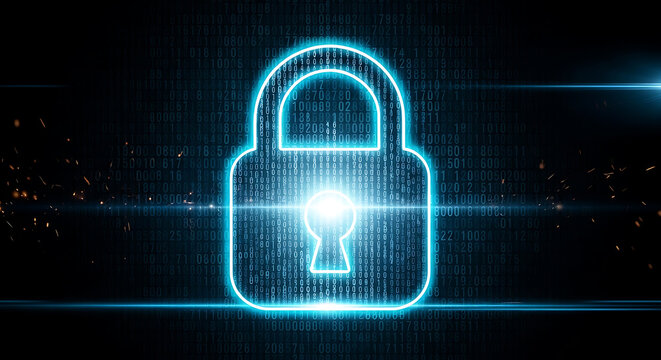 glowing padlock icon with keyhole against digital binary code background cybersecurity concept high quality