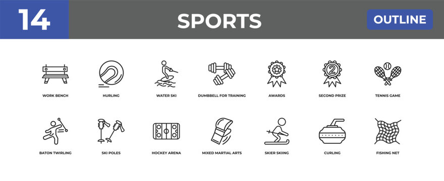 outline sports icons set - work bench, hurling, curling. editable vector for web and mobile ui
