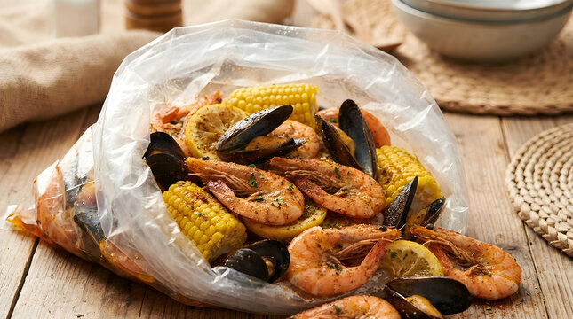 Seafood boil bag with shrimp mussels and corn on wooden table in rustic warm lighting for restaurant menu