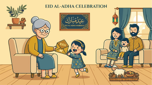 Eid al-Adha Celebration Illustration with Grandmother Giving Eidi Gift to Little Girl and Family in a Decorated Room