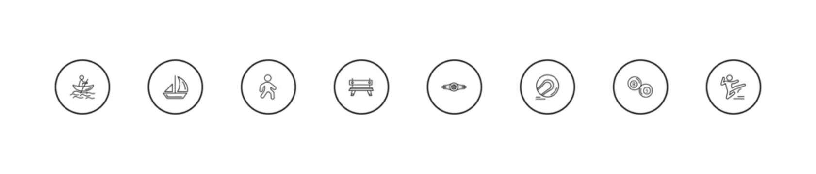 outline sport icons set - pedestrian walking, work bench, boxer with belt. editable vector for web and mobile ui