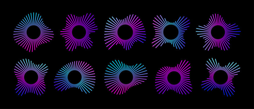 Neon radial sound wave circles set, abstract audio spectrum visualizer rings in blue purple gradient on black background. Curved frequency patterns of dynamic equalizer lines for digital music design